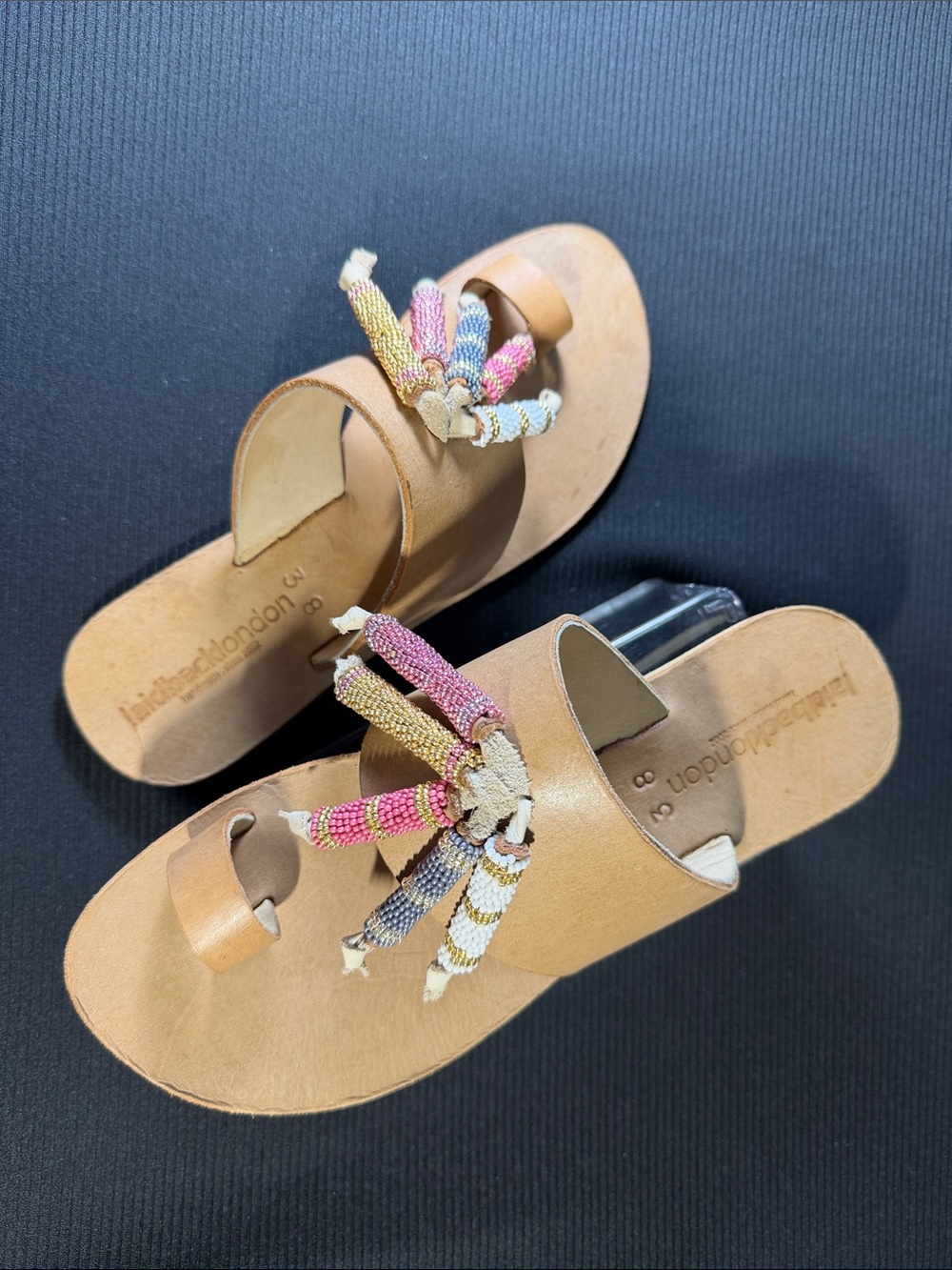 Tan Leather Slide Sandals with Multicolor Beaded Tassels - Women